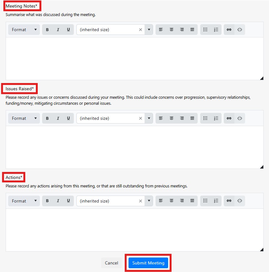 Screen grab of Co-Tutor dashboard for Postgraduate Taught students showing meeting notes, issues raised and actions fields.